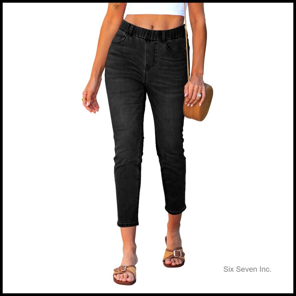 Slim Straight Leg Cropped Jeans High Waisted Pull On Stretchy Denim Pants